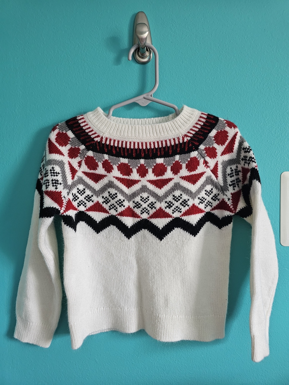 okie dokie - White Fair Isle Crewneck Sweater with Red & Black Accents